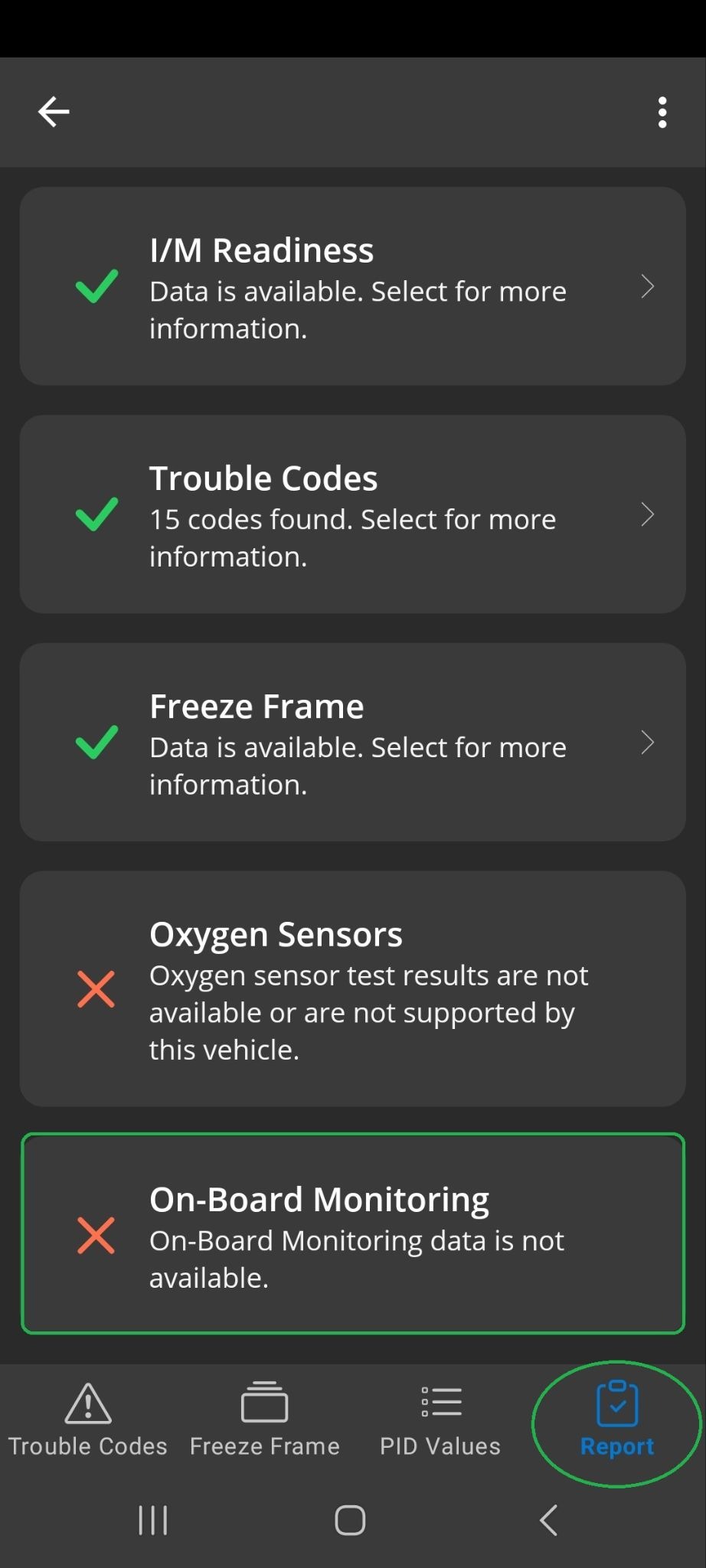 Android Diagnostics screenshot showing the Report tab, which is highlighted. The On-Board Monitoring section is also highlighted and it has a red X in the left column.
