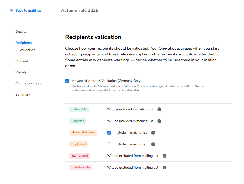 The recipient validation rules
