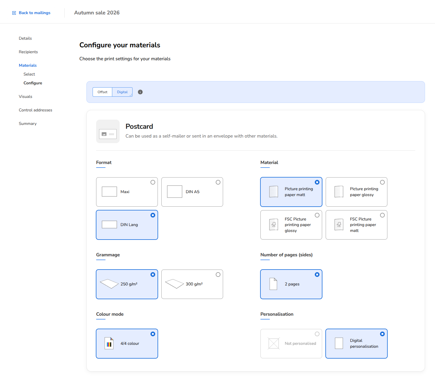 The print settings of the postcard, from the Offset and Digital choice to Personalisation