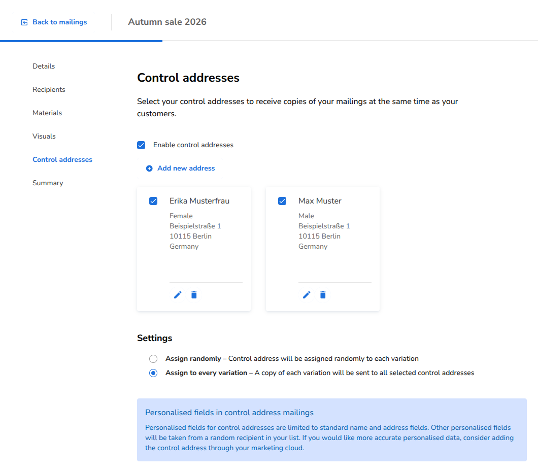 Choose the control addresses