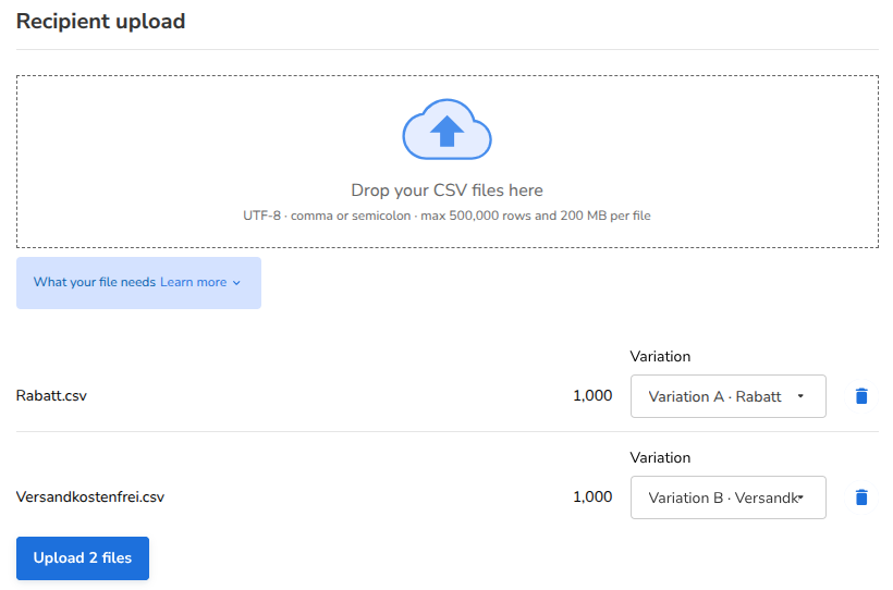 The Recipient upload section with two CSV files, each with a variation