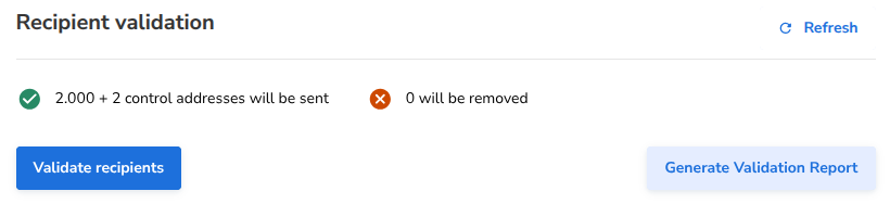 The recipient validation after the validation, with the recipients and control addresses that will be sent