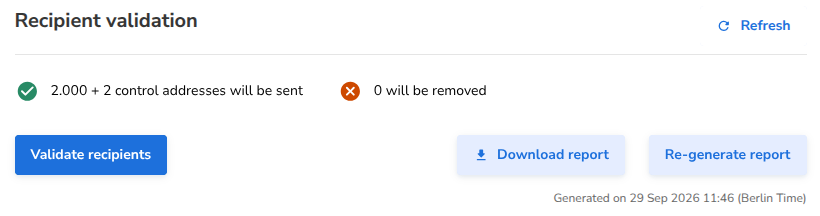 The Recipient validation section with the report ready to download