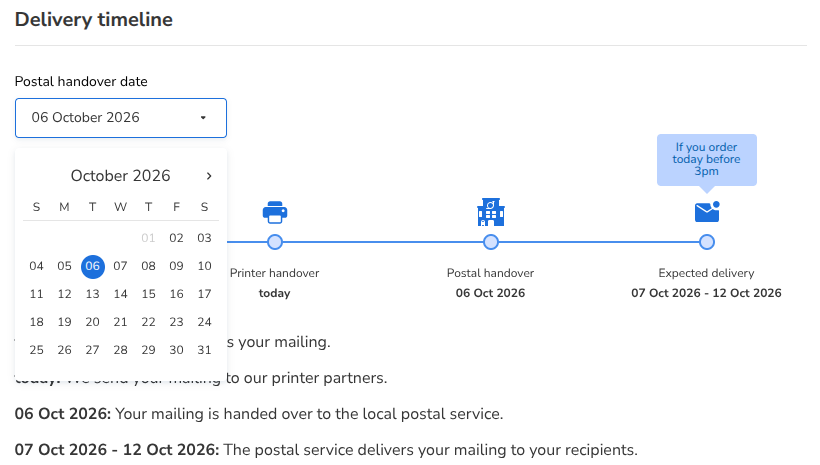 The open calendar. The first date that you can choose is 2 October. In the example, 6 October is already selected.