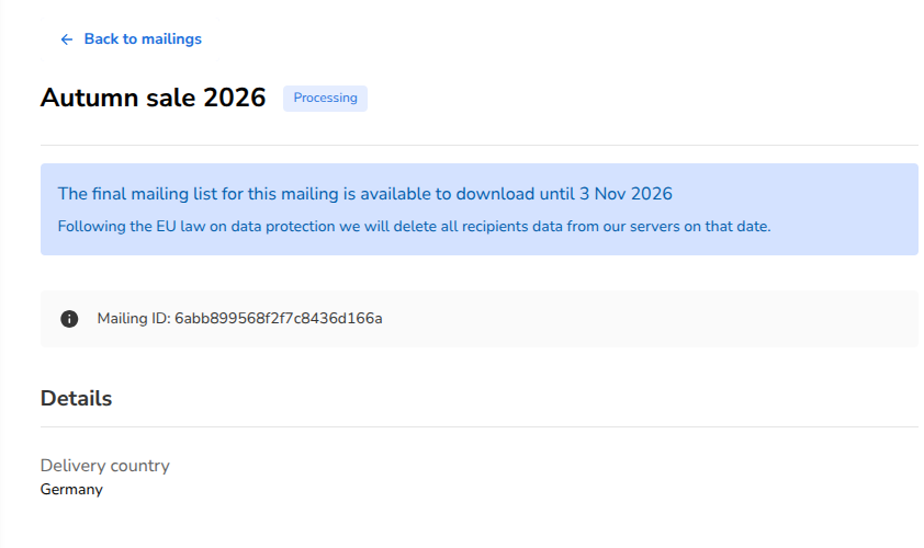 The mailing page after booking, with the status Processing
