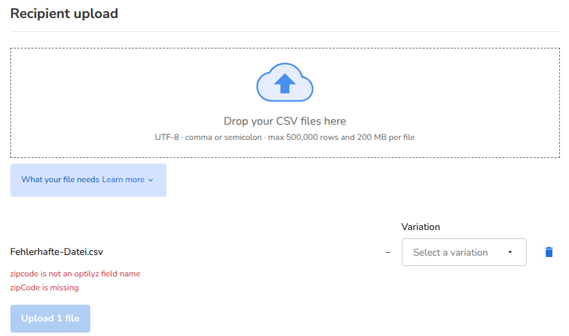 A file with problems and a disabled upload button