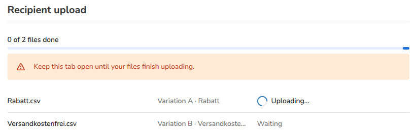 Files during the upload, each with its status