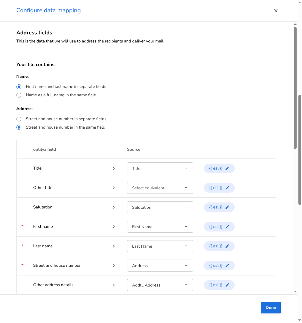 The top of the panel: the choice for name and address, and the first address fields