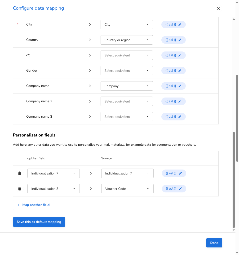 The bottom of the panel: the personalisation fields, Map another field, Save this as default mapping and Done