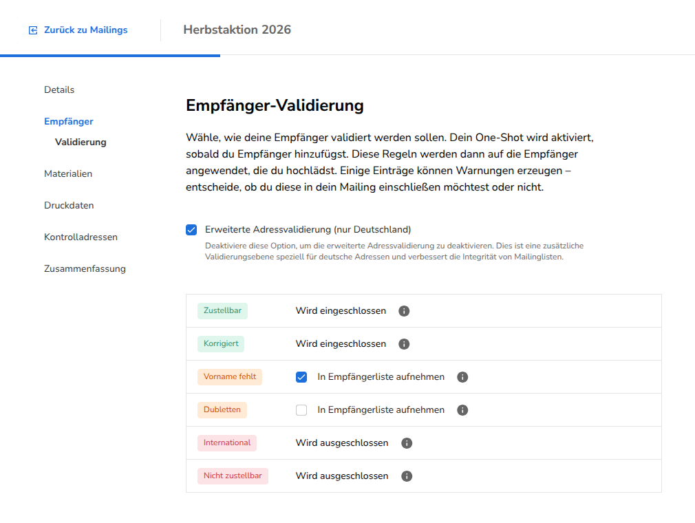 Die Regeln für die Empfängervalidierung