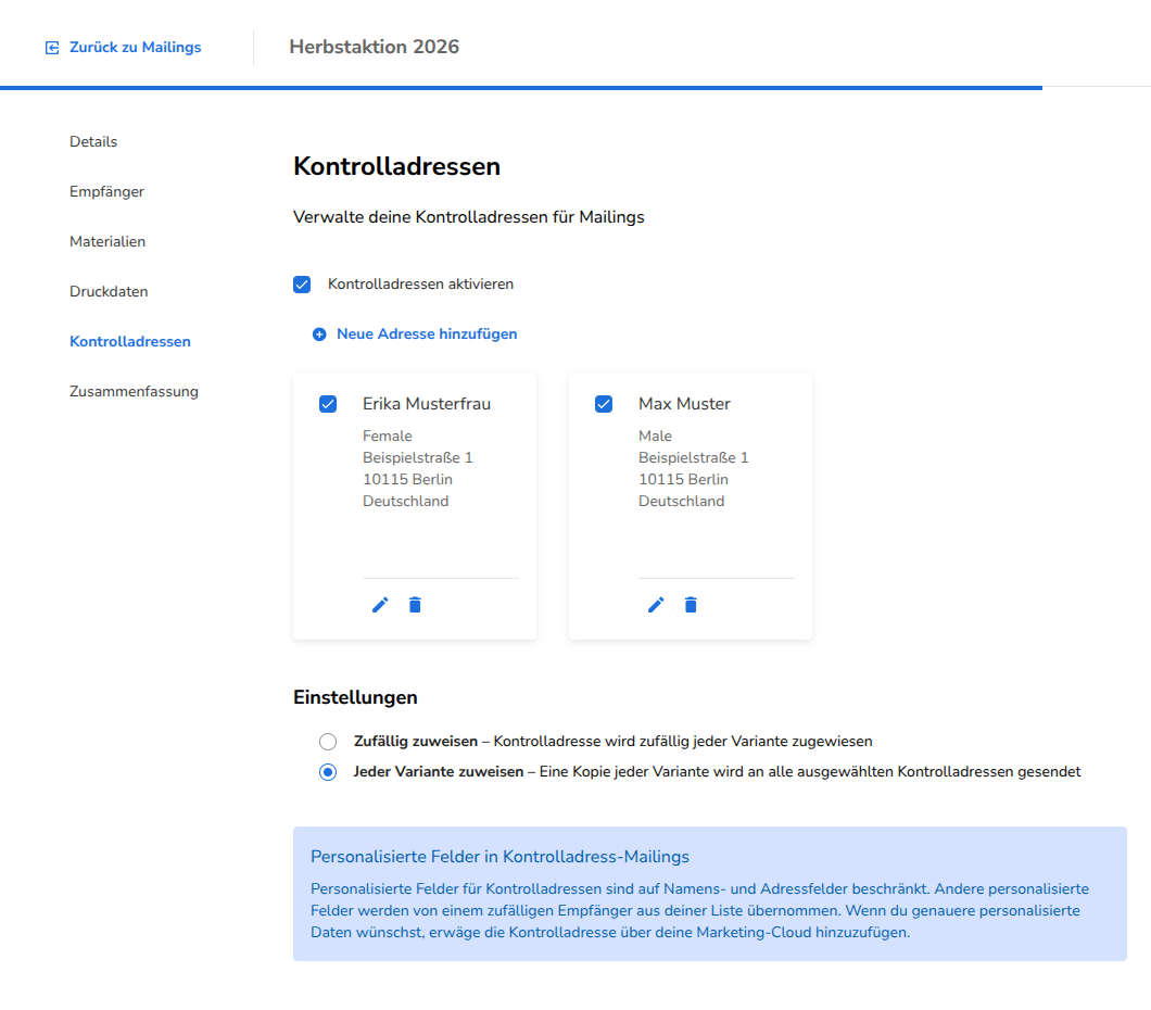 Kontrolladressen wählen