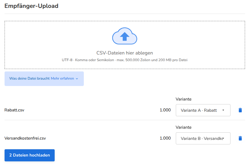 Der Abschnitt Empfänger-Upload mit zwei CSV-Dateien und ihren Varianten