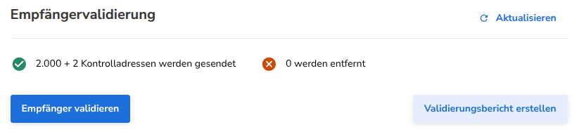 Die Empfängervalidierung nach der Validierung, mit den Empfängern und Kontrolladressen, die gesendet werden