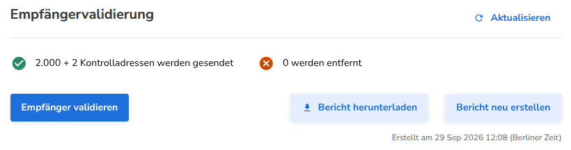 Der Abschnitt Empfängervalidierung mit dem fertigen Bericht zum Herunterladen