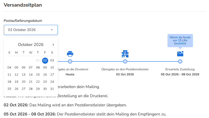 Der geöffnete Kalender. Das erste Datum, das du wählen kannst, ist der 2. Oktober. Dieses Datum ist ausgewählt.