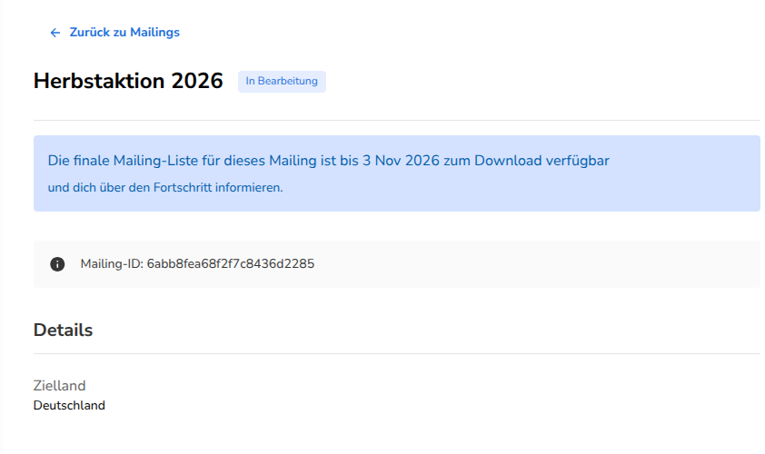 Die Mailing-Seite nach der Buchung, mit dem Status In Bearbeitung