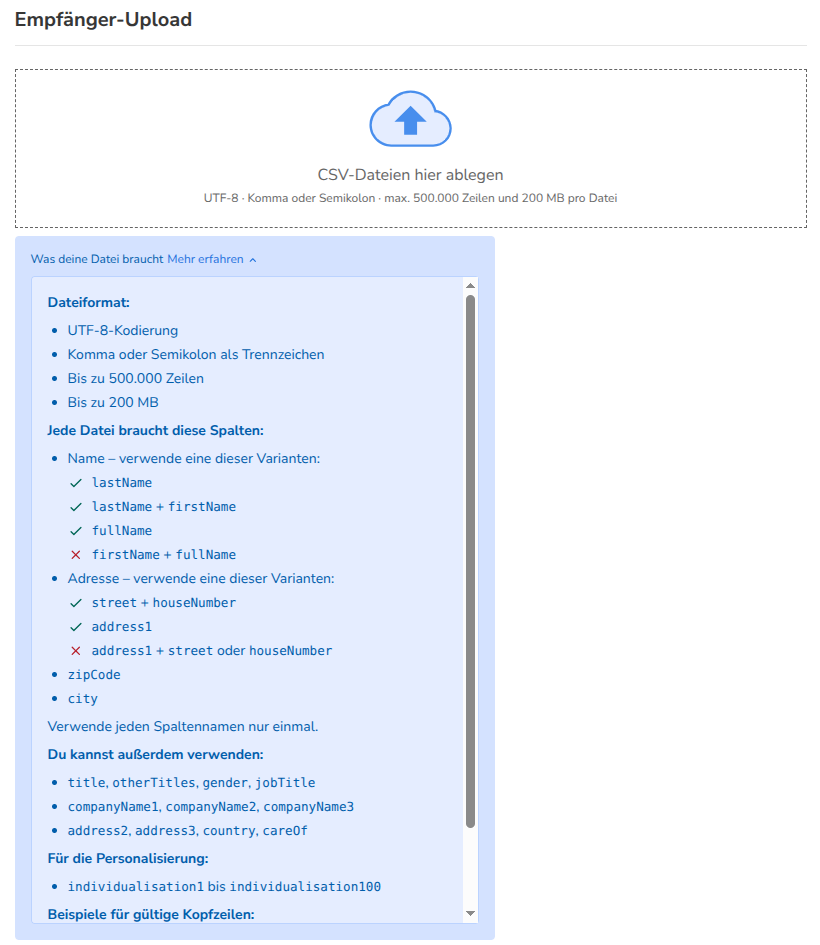 Der Bereich „Was deine Datei braucht“ mit den Regeln für die Datei