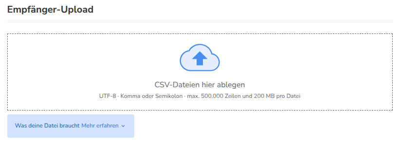 Der Abschnitt Empfänger-Upload mit der Ablagefläche