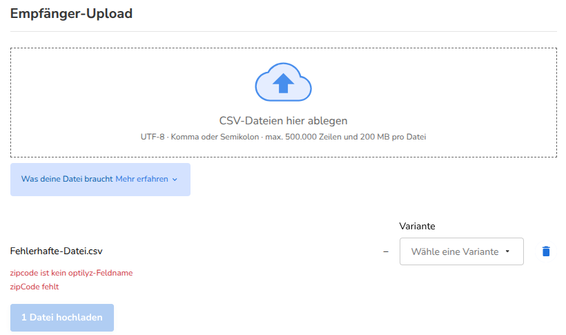 Eine Datei mit Problemen und ein deaktivierter Upload-Button