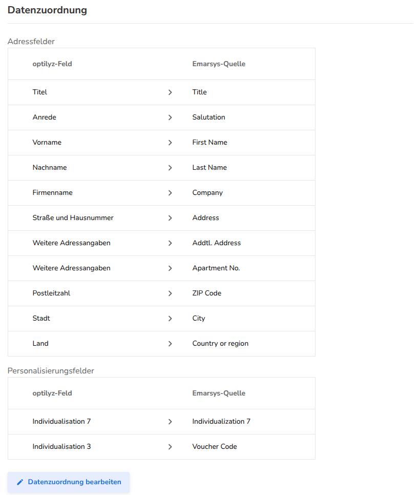 Der Bereich Datenzuordnung mit einer fertigen Datenzuordnung