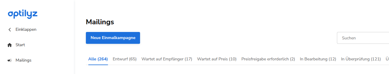 Die Seite Mailings mit dem Button Neue Einmalkampagne