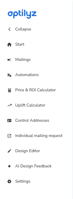 The dashboard menu with Settings at the bottom