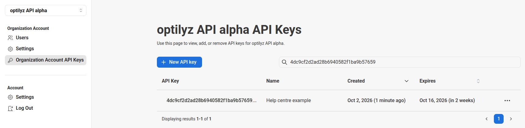 Die Seite mit den API-Schlüsseln eines Kontos, mit dem Button New API key und einem Schlüssel in der Liste