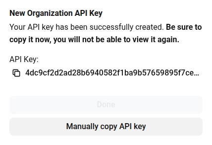 Der neue Schlüssel mit dem Kopier-Symbol, Done und Manually copy API key