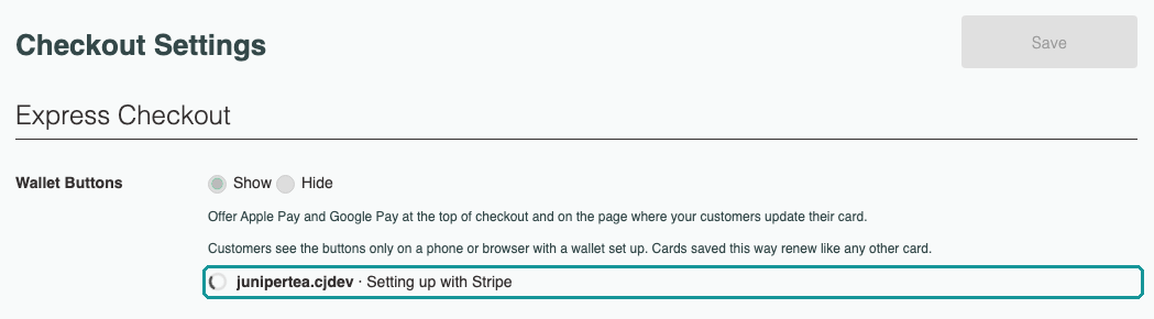 Wallet Buttons status line showing Setting up with Stripe