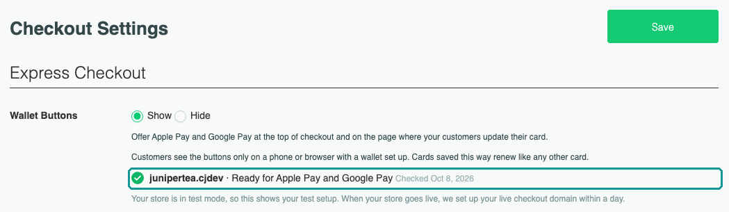 Status line reading Ready for Apple Pay and Google Pay