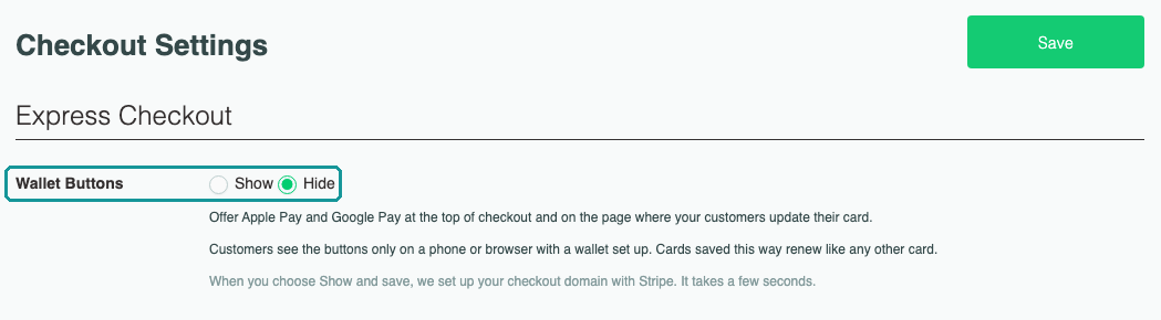 Checkout Settings with Wallet Buttons set to Hide