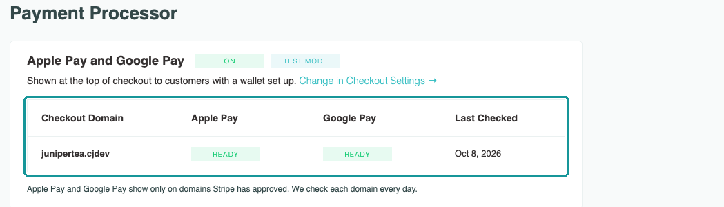 Payment Processor page showing the Apple Pay and Google Pay status table