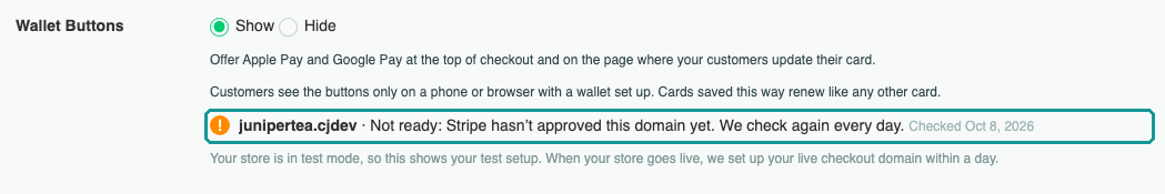 Status line reading Not ready, Stripe hasn't approved this domain yet