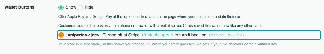 Status line reading Turned off at Stripe, with a Contact support link