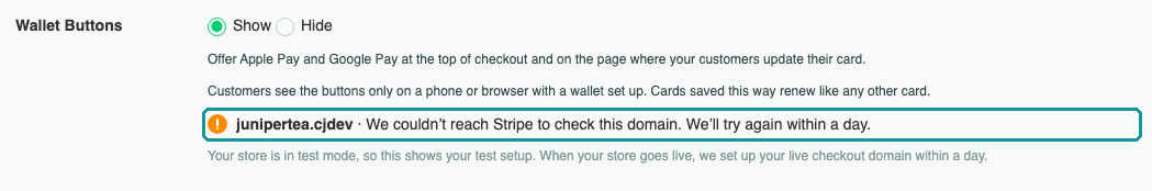 Status line reading We couldn't reach Stripe to check this domain