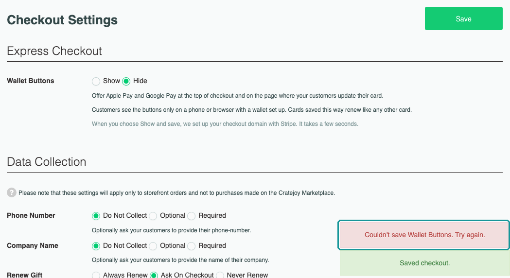 Checkout Settings with the message Couldn't save Wallet Buttons, Try again