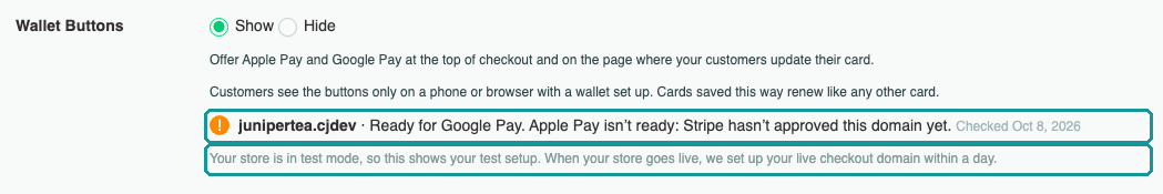 Status line reading Ready for Google Pay, Apple Pay isn't ready