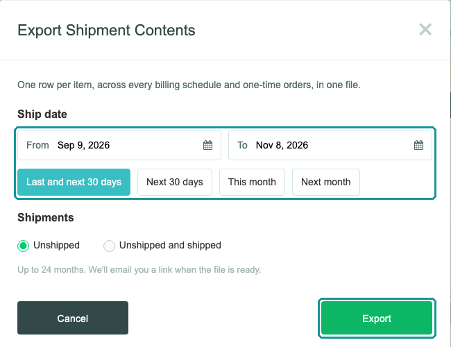 The Export Shipment Contents window with the ship dates, the presets, and the Export button highlighted