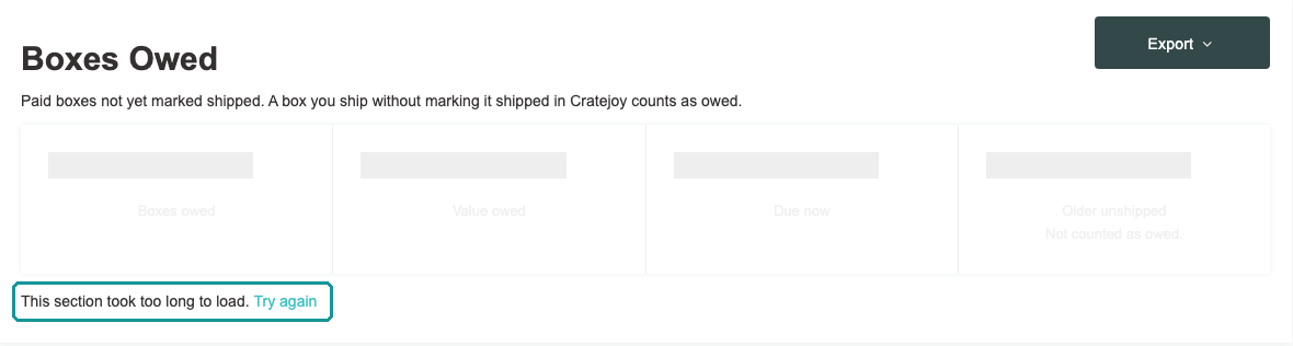 The Boxes Owed section showing This section took too long to load, with Try again