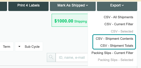 The Shipments page’s Export menu with CSV - Shipment Contents and CSV - Shipment Totals highlighted