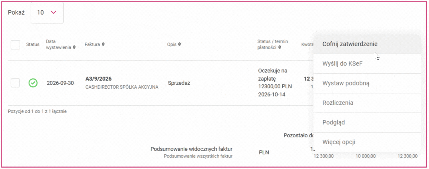 Animacja: najechanie na fakturę na liście i kliknięcie przycisku Cofnij zatwierdzenie