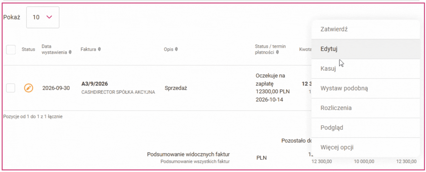 Animacja: faktura ze statusem Wprowadzony i przyciski Edytuj oraz Kasuj