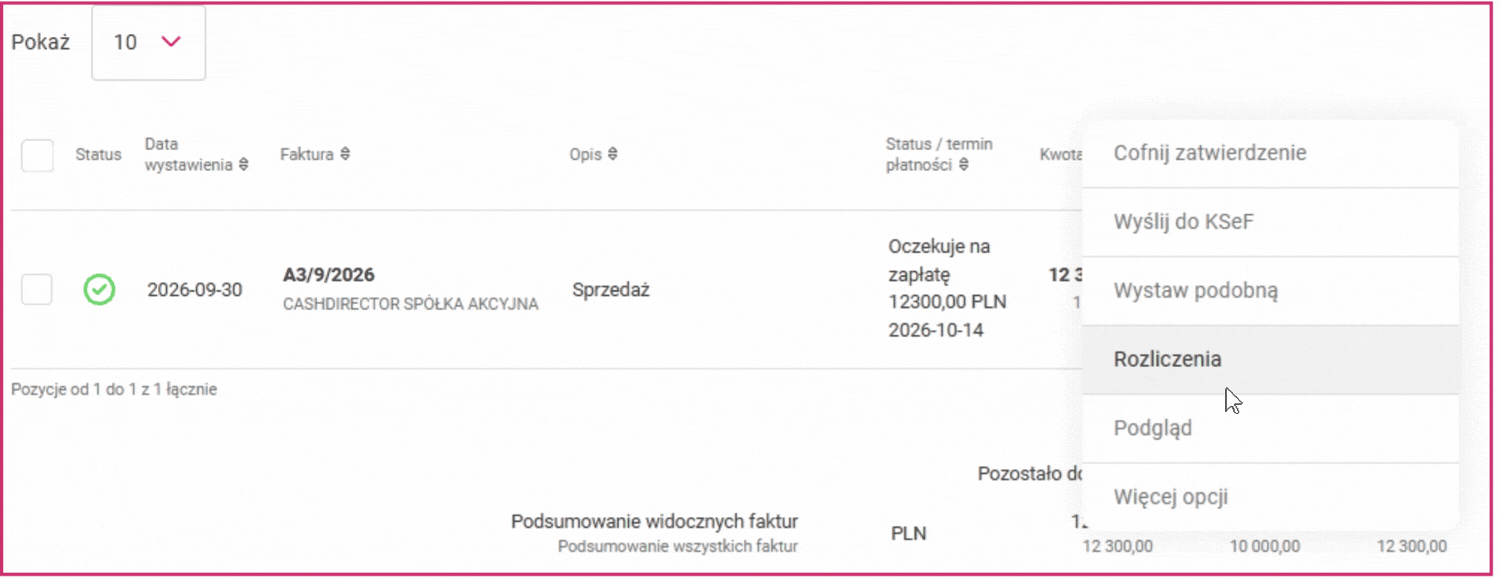 Animacja przedstawiająca otwieranie rozliczeń dokumentu sprzedaży