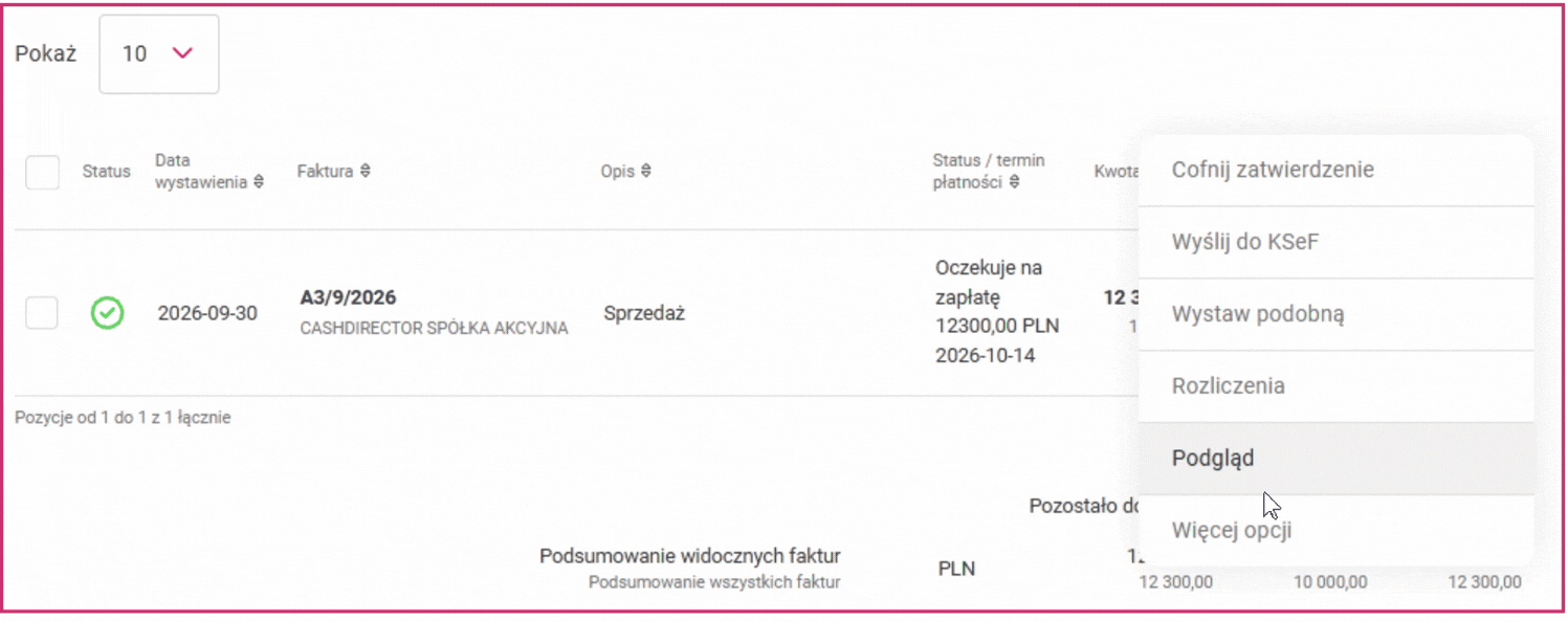 Animacja pokazująca wybór przycisku Podgląd dokumentu i otwieranie podglądu pliku PDF