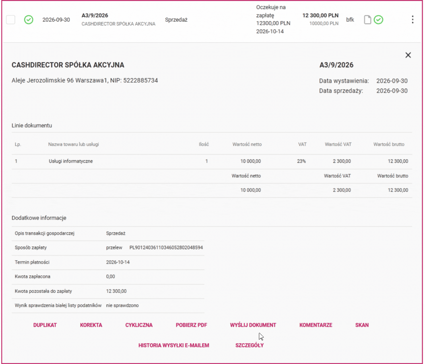 Animacja: kliknięcie w linię faktury i wybór opcji Wyślij dokument w rozwiniętym podglądzie
