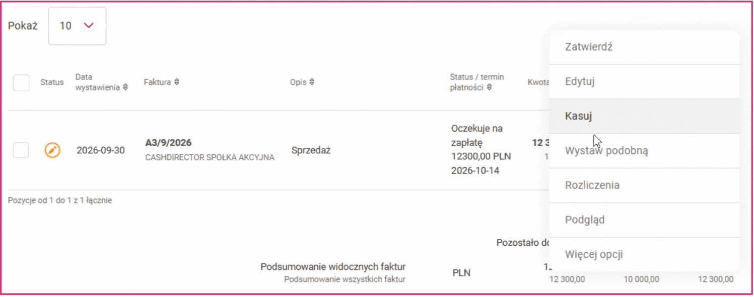 Animacja: wybór opcji Kasuj przy fakturze po cofnięciu zatwierdzenia
