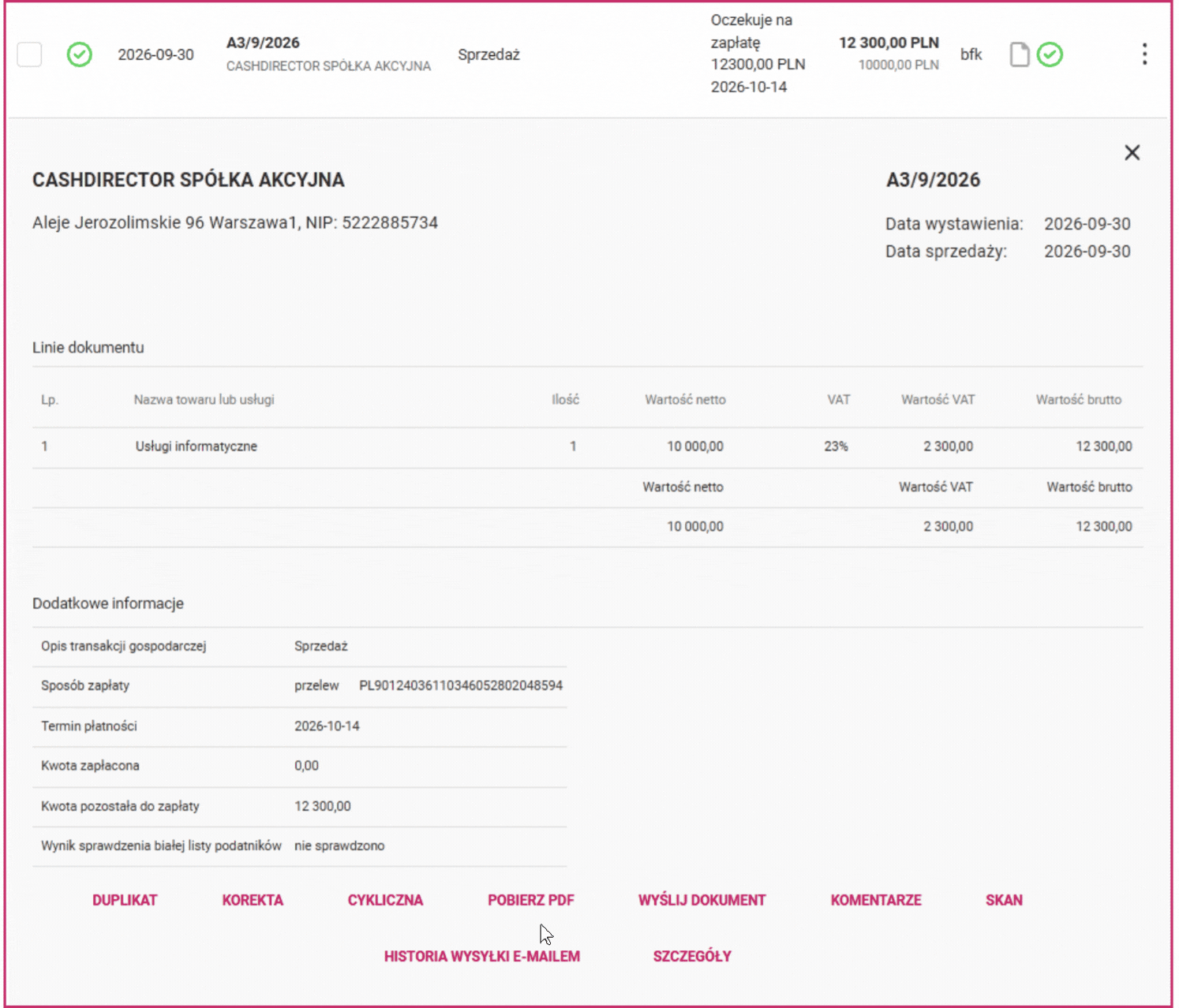 Animacja: kliknięcie w pasek faktury i wybór opcji Pobierz pdf