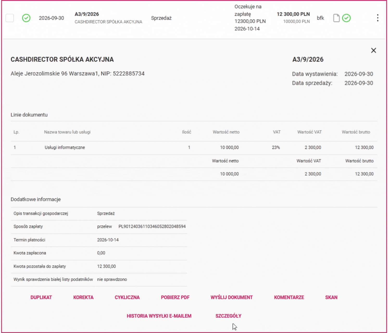 Animacja: kliknięcie w panel faktury na liście i wybór akcji Szczegóły
