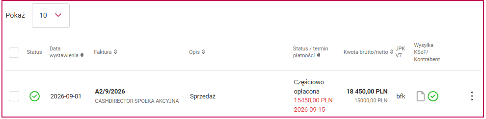 Faktura z zaktualizowanym statusem płatności i kwotą pozostałą do zapłaty