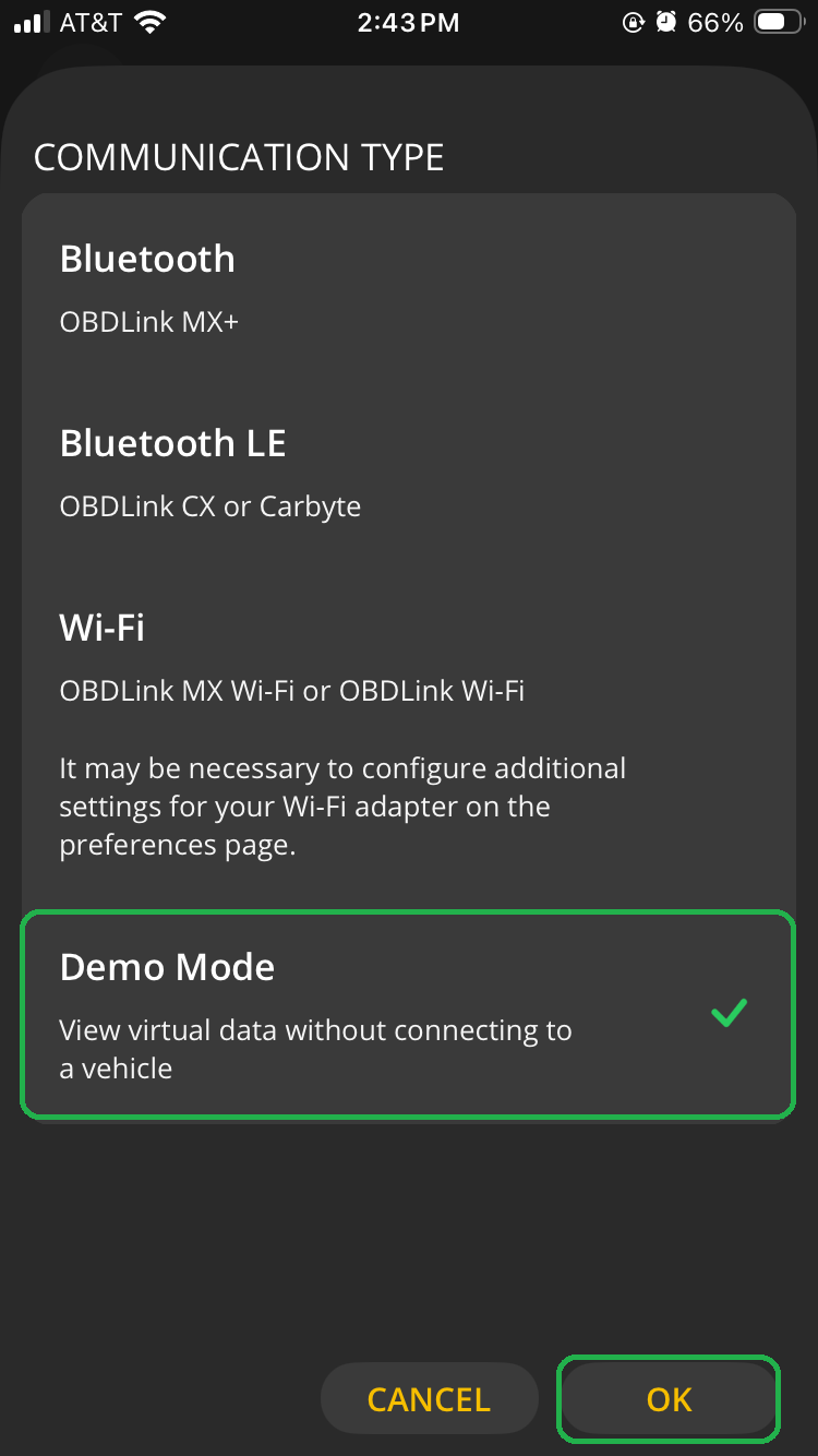 iOS Communication Type options. The Demo Mode option is highlighted. The OK button is also highlighted.
